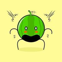 schattig watermeloenkarakter met geschokte uitdrukking, open mond en uitpuilende ogen. groen en geel. geschikt voor emoticon, logo, mascotte of sticker vector