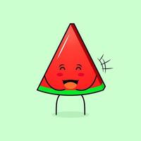 schattig wtermelon-plakkarakter met glimlach en gelukkige uitdrukking, sluit de ogen en open mond. groen en rood. geschikt voor emoticon, logo, mascotte en icoon vector