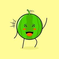 schattig watermeloenkarakter met gelukkige uitdrukking, ogen dicht en één hand omhoog. groen en geel. geschikt voor emoticon, logo, mascotte vector