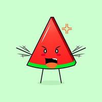 schattig watermeloenschijfje met boze uitdrukking. groen en rood. geschikt voor emoticon, logo, mascotte. beide handen omhoog en mond open vector