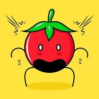 schattig tomatenkarakter met geschokte uitdrukking, open mond en uitpuilende ogen. groen, rood en geel. geschikt voor emoticon, logo, mascotte vector
