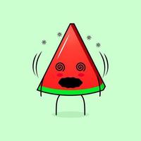 schattig watermeloenschijfje met duizelige uitdrukking en rollende ogen. groen en rood. geschikt voor emoticon, logo, mascotte en icoon vector