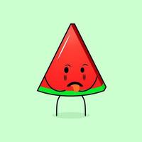 schattig watermeloenplakkarakter met walgelijke uitdrukking en tong die uitsteekt. groen en rood. geschikt voor emoticon, logo, mascotte en icoon vector