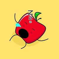 schattig rood appelkarakter met slaapuitdrukking, ga liggen, sluit de ogen en open de mond. groen en rood. geschikt voor emoticon, logo, mascotte en icoon vector