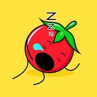 schattig tomatenkarakter met slaapuitdrukking en open mond. groen, rood en geel. geschikt voor emoticon, logo, mascotte vector