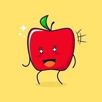 schattig rood appelkarakter met glimlach en gelukkige uitdrukking, mond open en sprankelende ogen. groen en rood. geschikt voor emoticon, logo, mascotte en icoon vector
