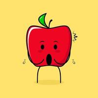 schattig rood appelkarakter met geïmponeerde uitdrukking en open mond. groen en rood. geschikt voor emoticon, logo, mascotte en icoon vector
