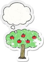 cartoon appelboom en gedachte bel als een versleten versleten sticker vector