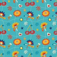 psychedelische naadloze patronen in retro jaren 70-stijl, hippie-achtergronden. tiener cartoon funky print met abstracte felle kleuren, sterren, zon, gekke kersen vector