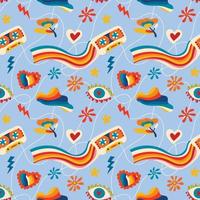 psychedelische naadloze patronen in retro jaren 70-stijl, hippie-achtergronden. tiener cartoon funky print met abstracte felle kleuren, sterren, zon, gekke kersen vector