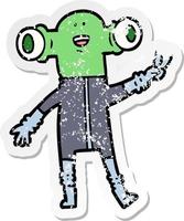 verontruste sticker van een vriendelijke cartoon alien die vredesteken geeft vector