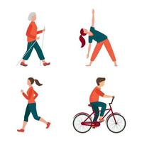 buiten activiteit. verschillende mensen instellen geïsoleerd op wit. mannetje en vrouwtje hebben buitenactiviteiten. joggen, fietsen, nordic walking, yoga in de buitenlucht. recreatie, sport vectorillustratie vector