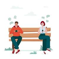 gadgetverslaving, man en vrouw op de bank in het park afhankelijk van smartphones. mensen gekluisterd aan een scherm, gericht op mobiel apparaat, sociale media en game-obsessie, virtuele wereld vector