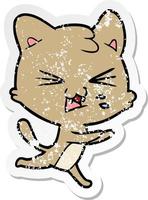 verontruste sticker van een cartoon sissende kat vector