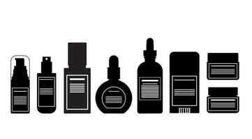 silhouet witte lijn label bodylotions, serum, roll-on, crème, huidverzorging, spray pomp verpakking fles cosmetisch plat ontwerp vector