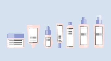 bodylotions, serum, huidverzorging, spray, crème, zonnebrandcrème pomp verpakking fles cosmetisch plat ontwerp vector