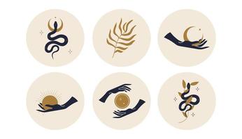 heilige iconen die de maan, de zon en slangen in cirkels afschilderen. vectorillustratie. set pictogrammen en emblemen voor nieuwsomslagen op sociale media. ontwerpsjablonen voor een yogastudio en een astroloogblogger