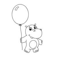 hand getrokken lijn schattig nijlpaard met ballon vectorillustratie. overzicht nijlpaard geïsoleerd op een witte achtergrond. schattig babykarakter voor kleurboek, ansichtkaarten en uitnodigingen vector