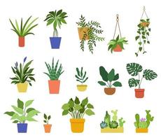 handgetekende kamerplanten in potten. set van vectorillustraties in vlakke stijl geïsoleerd op een witte achtergrond vector