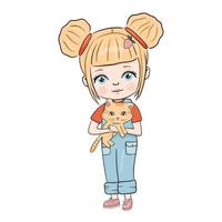 hand getekend mooi schattig klein blond meisje met mooie kat op handen. schattig meisje in broek. vectorillustratie. vector