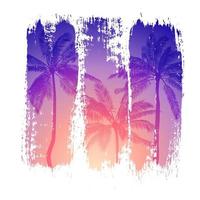 tropische vectorillustratie van zonsondergang en silhouetten van palmbomen met kleurrijke penseelstreken. geïsoleerde sjabloon voor print en design in botanische stijl. zomerposter in paarse tinten