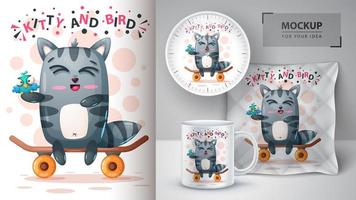 kitty en bird skate boarding vector