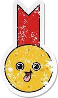 verontruste sticker van een leuke cartoon gouden medaille vector