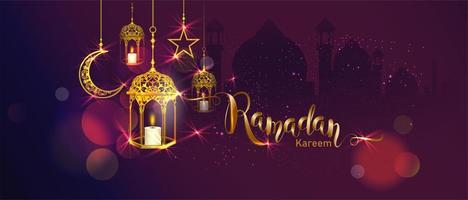 ramadan kareem banner met hangende lantaarns, maan en ster