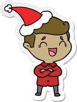 sticker cartoon van een lachende man met een kerstmuts vector