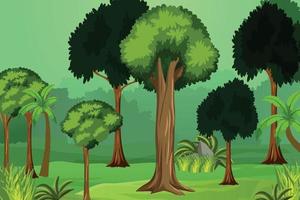 jungle interieur met groene bomen en struiken vector illustratie. grote bomen in een bos, ecologische systeemconcept vector. natuur en groenblijvende achtergrond met rotsen en bomen.