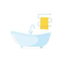 blauwe badkamer op poten met kraan, verwarmd handdoekenrek met gele handdoek, geïsoleerd op een witte achtergrond. moderne badkamer interieur. element voor design badkamer vector