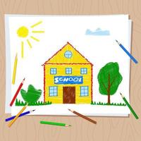 terug naar school. kindertekening met kleurpotloden op wit papier. tekenen op houten tafel. schoolgebouw, zon, bomen, gras, wolken. heldere leuke cartoontekening van kind vector