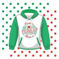 voorkant van witte en groene hoodie geïsoleerd. logo gemaakt in marokko plus arabesk vorm gedrukt voor kleding. Marokkaanse vlag. vectorillustratie. geïsoleerd logo als een rubberen stempel. kledingmodel vector