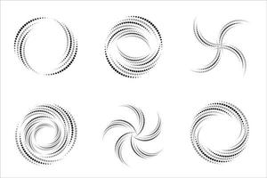 grote reeks gekleurde getextureerde cirkel lijnen geïsoleerd op een witte achtergrond. abstracte gestippelde cirkels, halftone ronde geometrische stippen verloop en popart textuur. stof gradatie vector set.