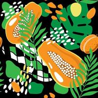 naadloze patroon van abstracte tropische bladeren en fruit, zomer vectorillustratie in cartoon stijl. papaya, perziken, kumquat en tropische bladeren. helder zomerpatroon op zwarte achtergrond vector
