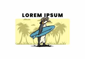 schattige pinguïn met een surfplank op het strand illustratie vector