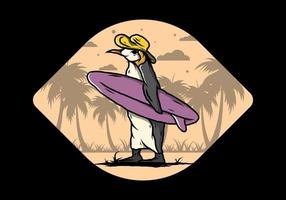 schattige pinguïn met een surfplank op het strand illustratie vector
