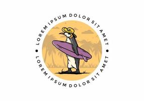 schattige pinguïn met een surfplank op het strand illustratie vector