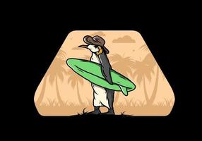 schattige pinguïn met een surfplank op het strand illustratie vector