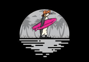 schattige pinguïn met een surfplank op het strand illustratie vector