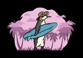 schattige pinguïn met een surfplank op het strand illustratie vector