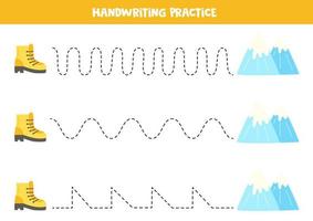 traceerlijnen voor kinderen. wandelschoenen en bergen. Schrijf oefening. vector