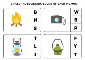 werkblad voor kinderen. vind het begingeluid van kampeerelementen. vector