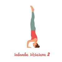 vrouw die tegen een witte muur traint, yoga of pilates doet. hoofdstand, salamba sirsasana ii. platte vectorillustratie geïsoleerd op een witte achtergrond vector