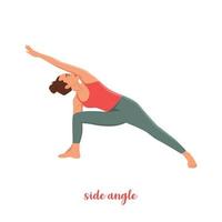 vrouw doen staande in de verlengde zijhoek pose of utthita parsvakonasana, platte vectorillustratie geïsoleerd op een witte achtergrond vector