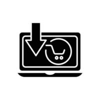 laptop pictogram vector met winkelwagen en download. geschikt voor online winkelpictogram, online winkel, online kopen. solide pictogramstijl, glyph. eenvoudig ontwerp illustratie bewerkbaar