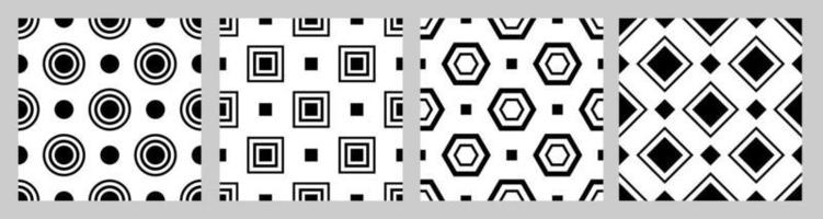 set geometrische naadloze patroon met verspringende figuren. zwarte vormen op een witte achtergrond. vierkant, cirkel, vijfhoek, ruit vector