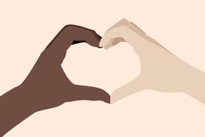 mensenhanden met een donkere en lichte huid in de vorm van een hart. diversiteit, internationaal. vriendschap, liefde, saamhorigheid, teamwerk vector