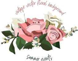 vintage stijl bloemenachtergrond met roze en witte rozen, bladeren en jasmijntakken. geïsoleerd op een witte achtergrond. vector illustratie