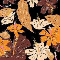 botanische, tropische, bladeren en bloemen vector afbeelding achtergrond. kleurrijk bloemennatuurontwerp voor stoffentextiel.